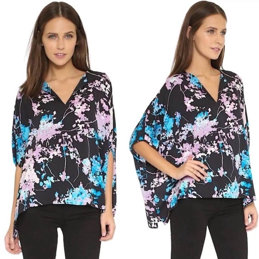 DVF DIANE VON FURSTENBERG Kora Top Floral Blouse Silk Shirt Poncho Black Purple